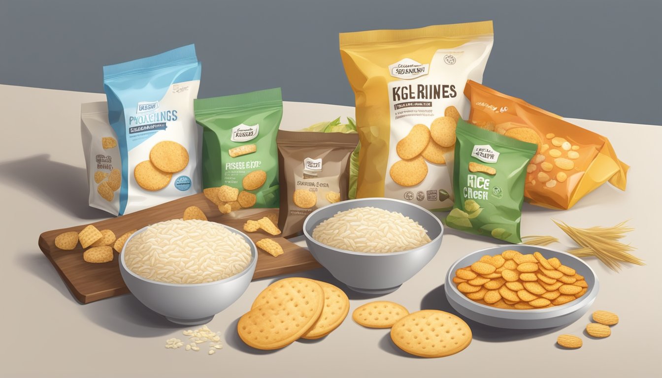 A package of rice crackers sits on a kitchen counter, surrounded by various other snacks and ingredients. The crackers appear fresh and crispy, with no signs of spoilage