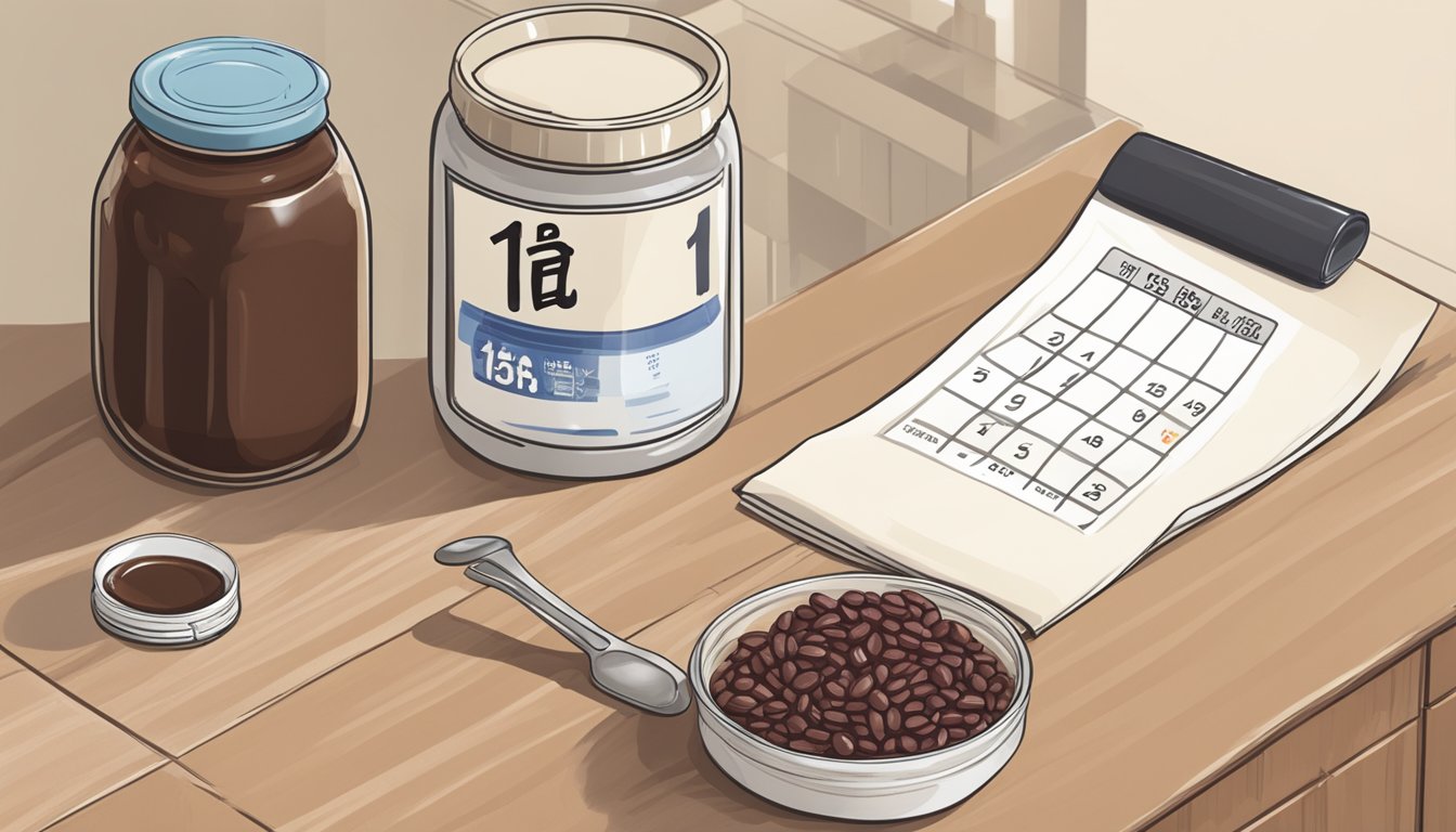 A jar of red bean paste sits on a kitchen counter, next to a calendar showing the current date and a label indicating the date the paste was made