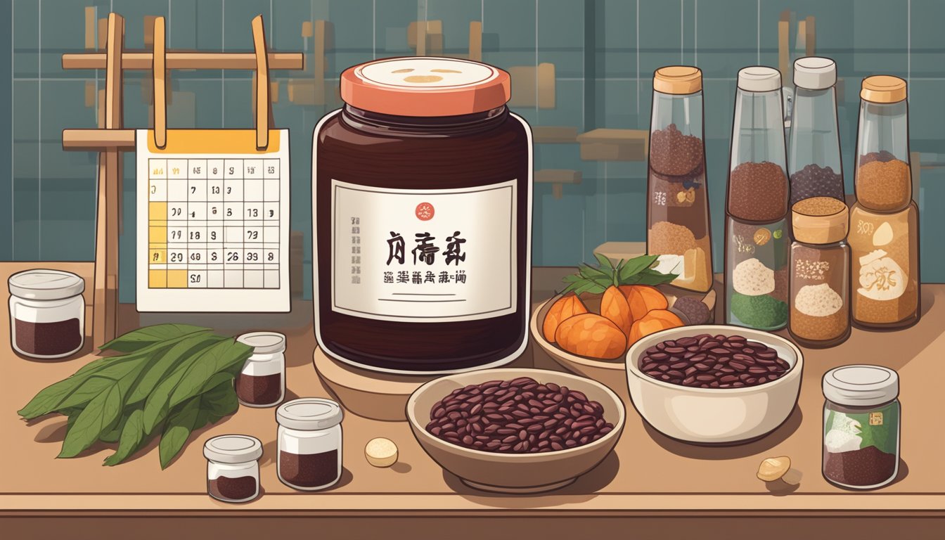 A jar of red bean paste sits on a shelf, surrounded by various ingredients and a calendar showing the current date