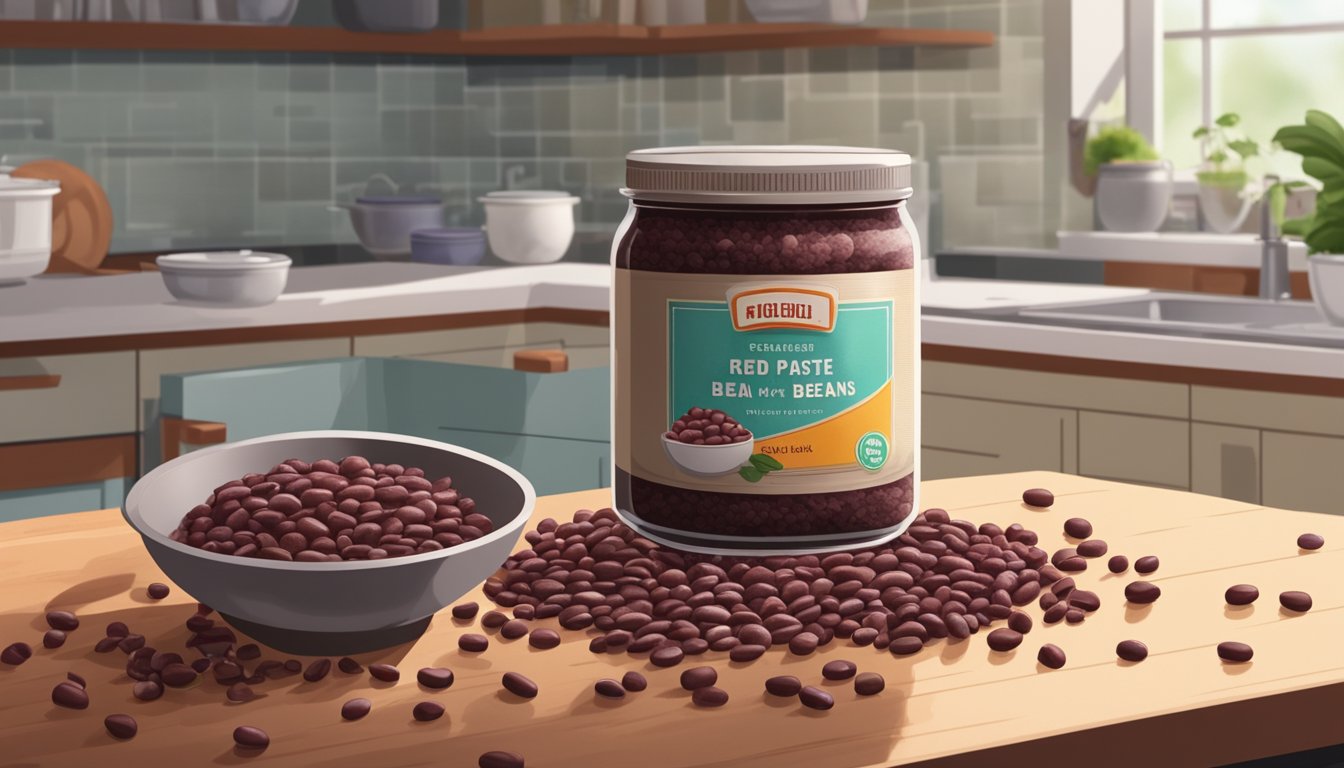 A jar of red bean paste sits open on a kitchen counter, surrounded by moldy red beans and a foul odor