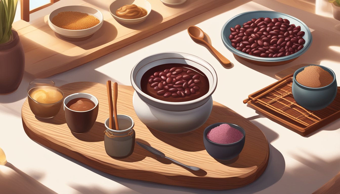 A jar of red bean paste sits on a wooden table, surrounded by traditional dessert ingredients and utensils. The warm glow of sunlight illuminates the scene