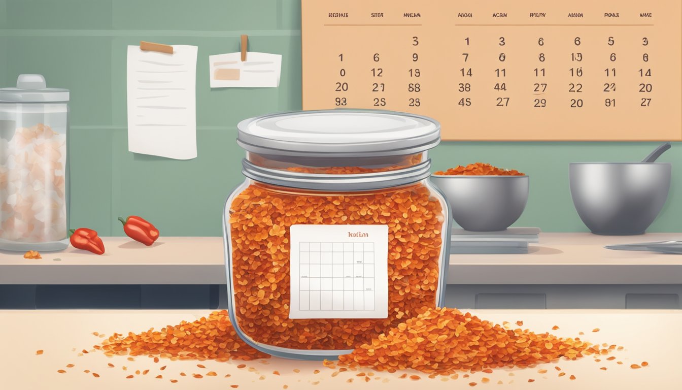 A small jar of red pepper flakes next to a calendar, with some flakes spilling out onto the counter. The jar is slightly dusty