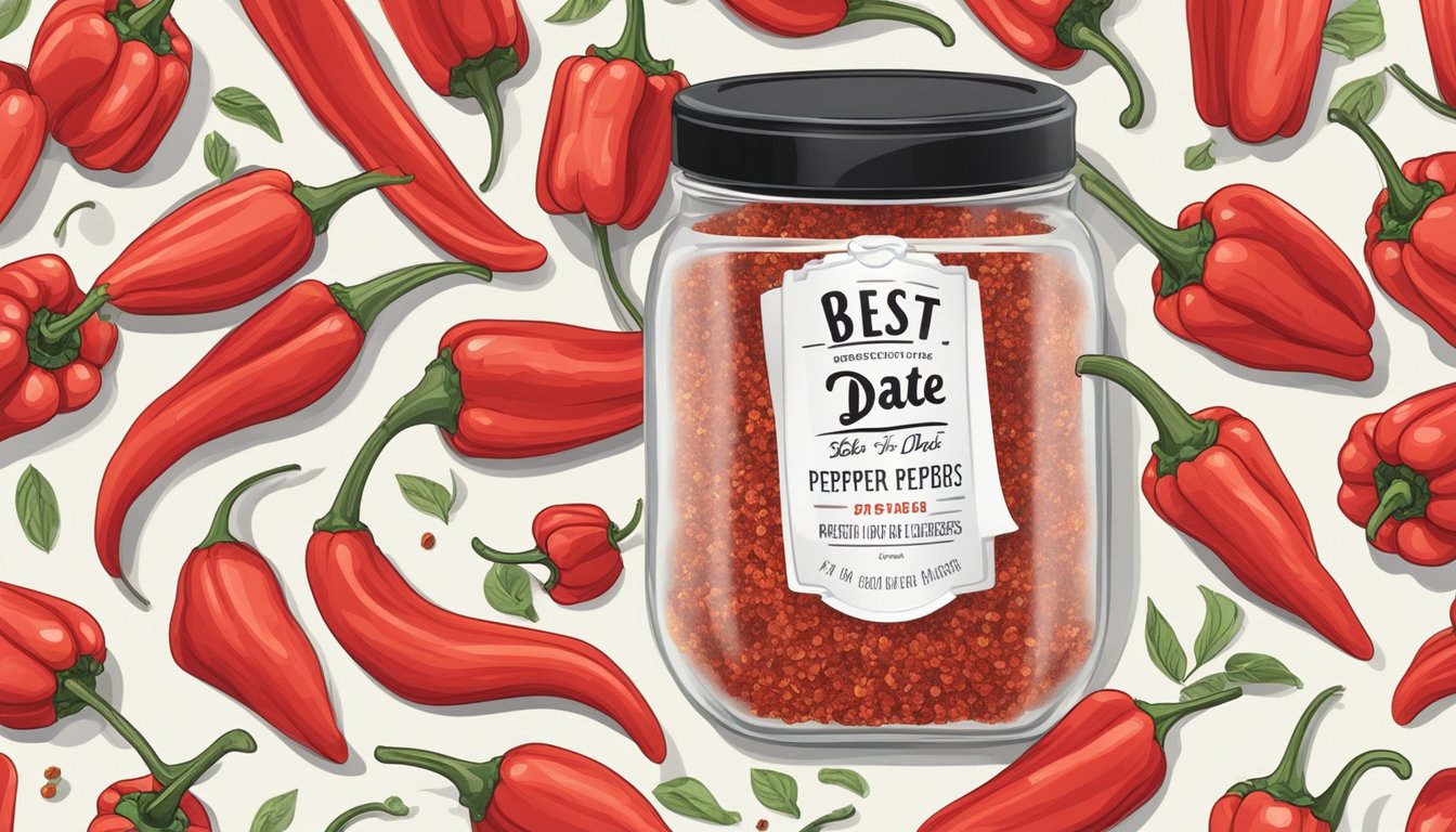 A jar of red pepper flakes with a "best by" date on the label, surrounded by fresh red peppers and a sealed container for storing the flakes