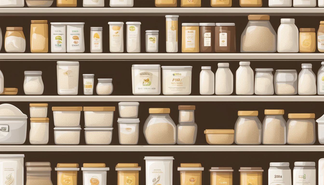 A sealed container of rice flour on a pantry shelf, with a best-by date clearly visible