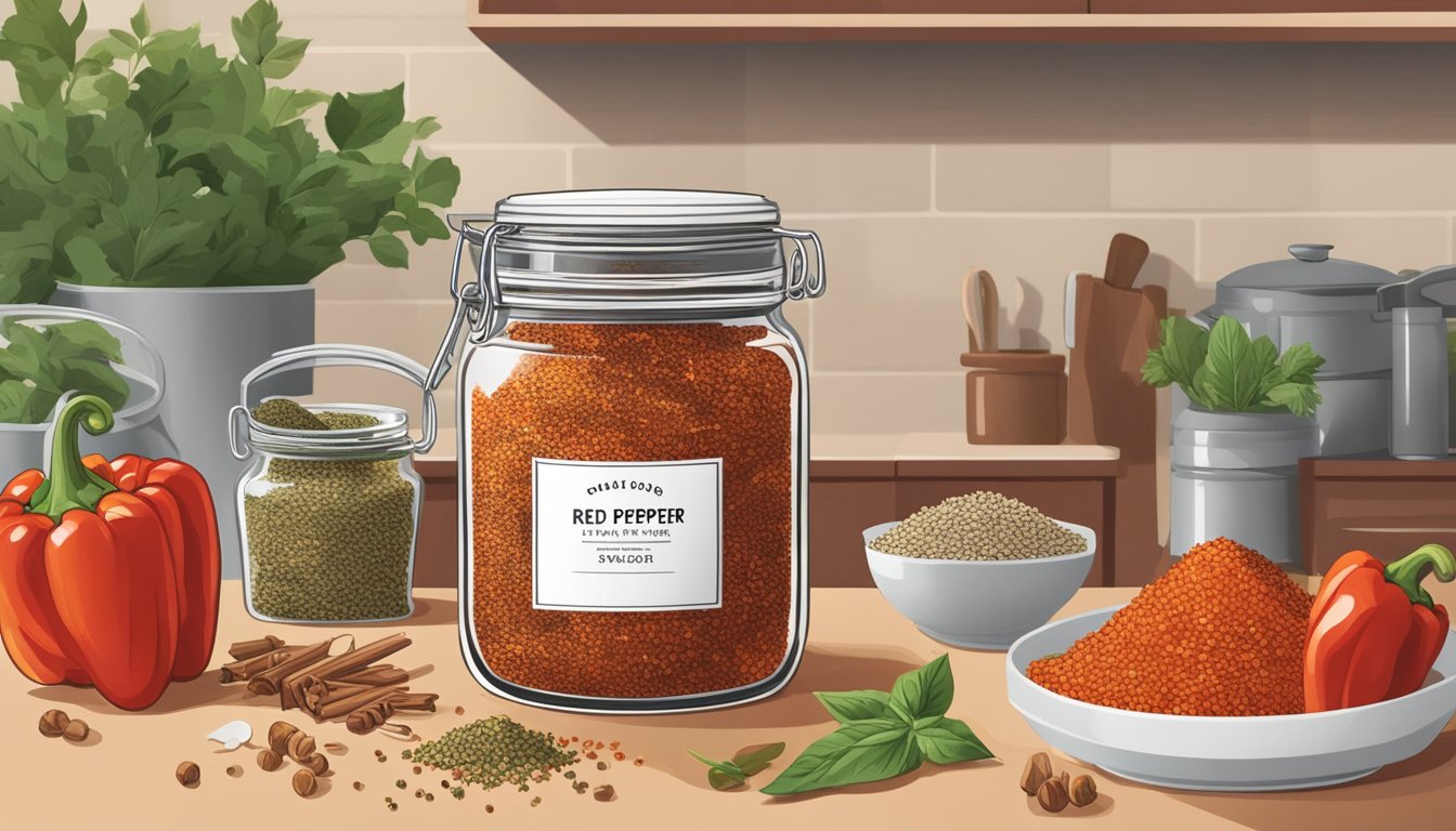 A jar of red pepper flakes sits on a kitchen counter, surrounded by various spices and herbs. The lid is slightly ajar, and the flakes inside appear vibrant and aromatic