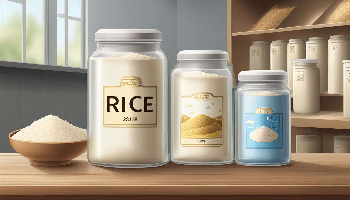 A sealed container of rice flour on a shelf, with a calendar showing the passage of time in the background