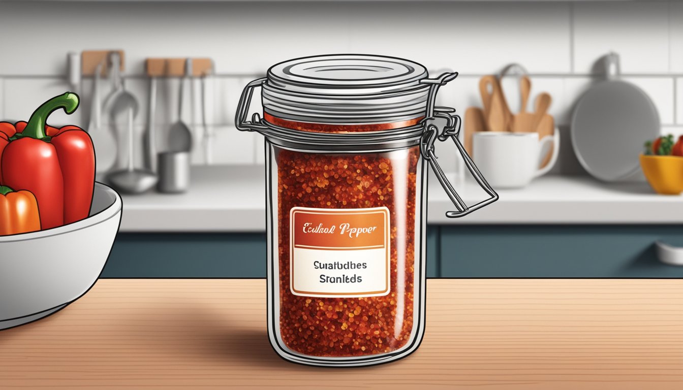 A small jar of red pepper flakes sitting on a kitchen shelf, with a label indicating the expiration date