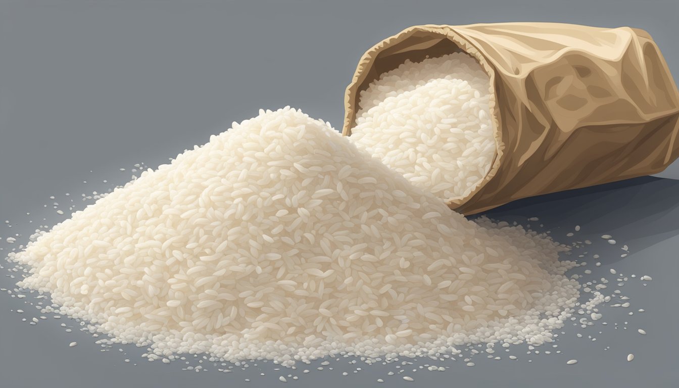 A bag of rice flour with visible signs of spoilage, such as discoloration, clumping, and a rancid odor