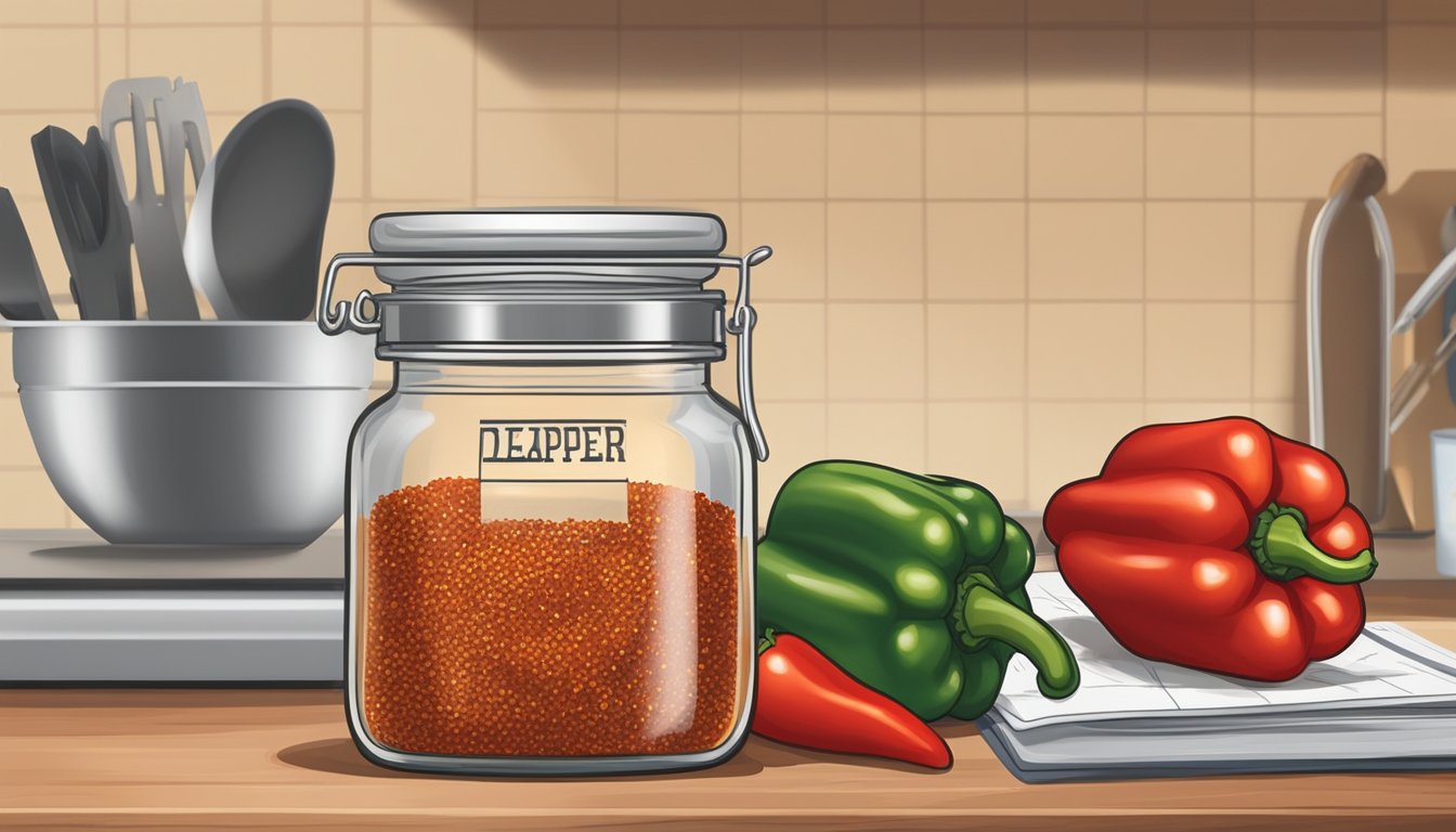 A small glass jar of red pepper flakes sits on a kitchen counter next to a spice rack and a calendar. The jar is half full and the label indicates a use-by date of six months ago