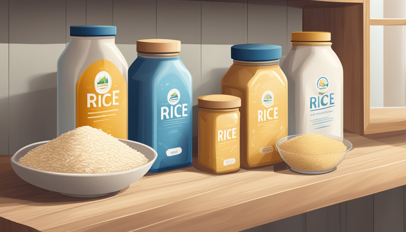 A tightly sealed container of rice flour on a pantry shelf, surrounded by other dry goods