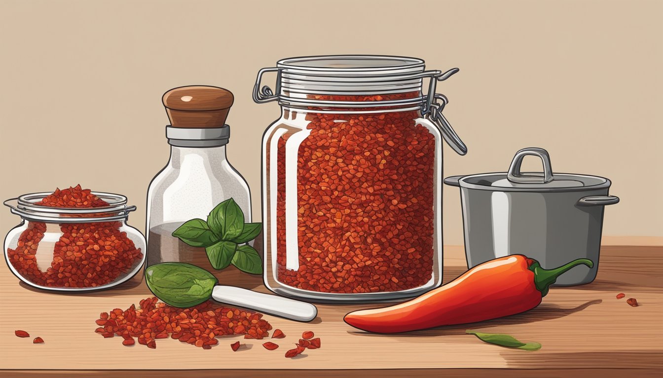 A jar of red pepper flakes sits on a kitchen counter, surrounded by fresh red peppers and a mortar and pestle