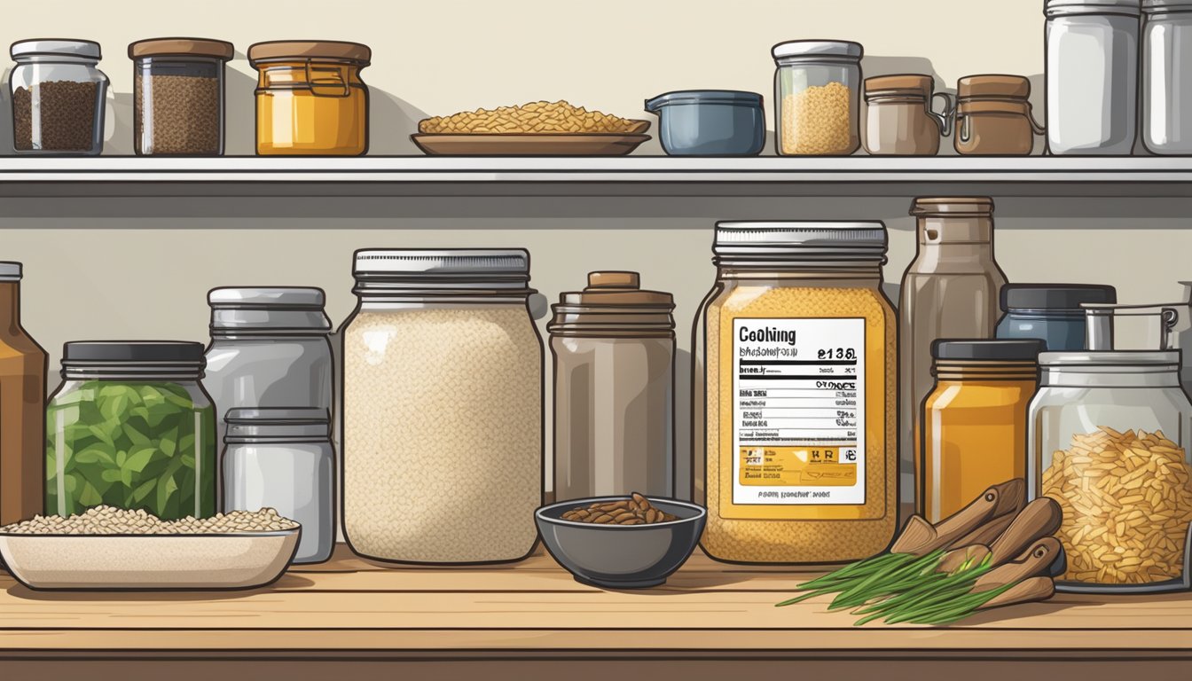 A jar of rice syrup sits on a kitchen shelf, surrounded by various cooking ingredients. The label on the jar indicates the expiration date