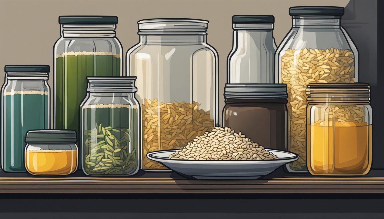 A glass jar of rice syrup sits on a shelf in a cool, dark pantry, next to other neatly organized food items