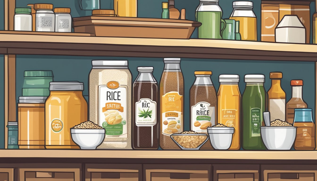 A bottle of rice syrup sits on a pantry shelf, surrounded by other food items. The label indicates the expiration date