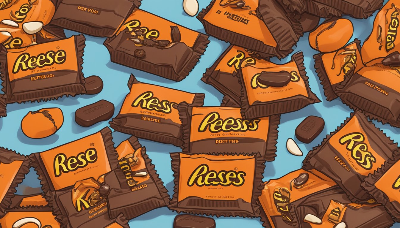 A package of Reese's Peanut Butter Cups sits unopened on a kitchen counter, surrounded by a few loose candies. The expiration date is visible on the packaging