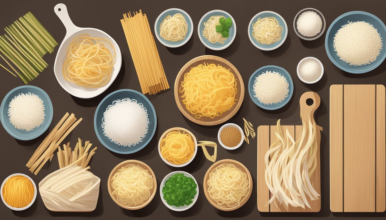 A variety of rice noodles in different shapes and sizes arranged on a wooden cutting board