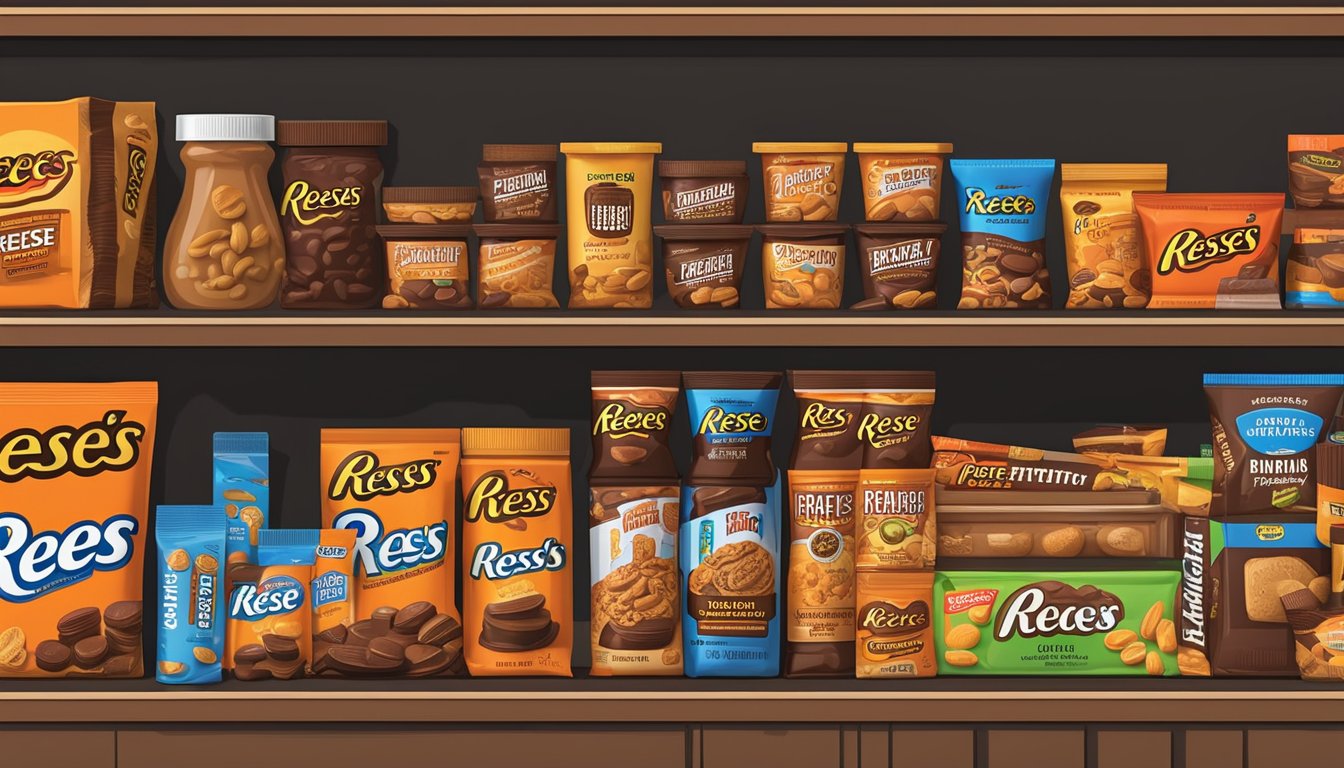 A pantry shelf with a package of Reese's Peanut Butter Cups, surrounded by other non-perishable snacks and a temperature gauge