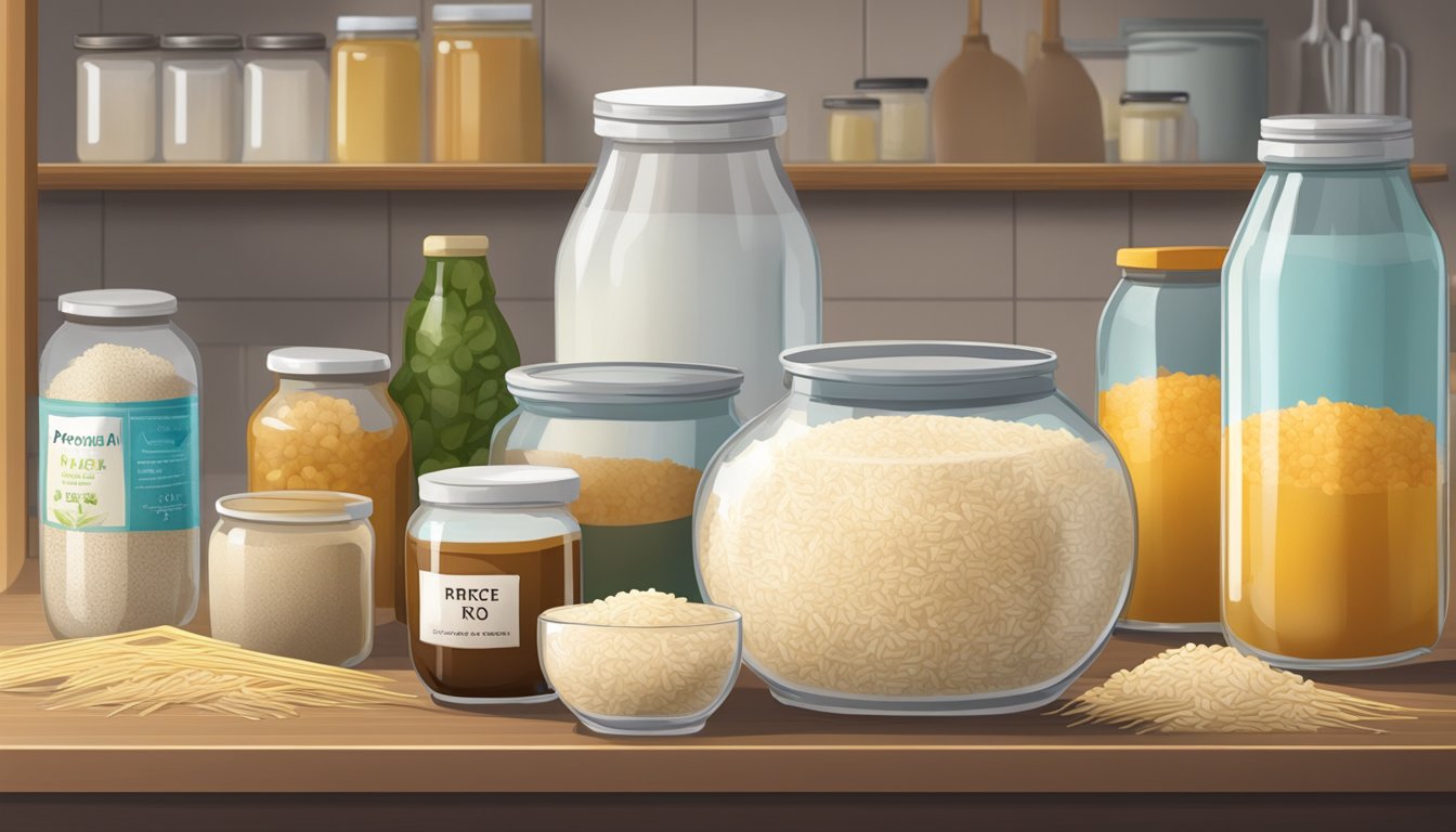 A glass jar of rice syrup sits on a kitchen counter, surrounded by various pantry items. The label on the jar indicates the expiration date