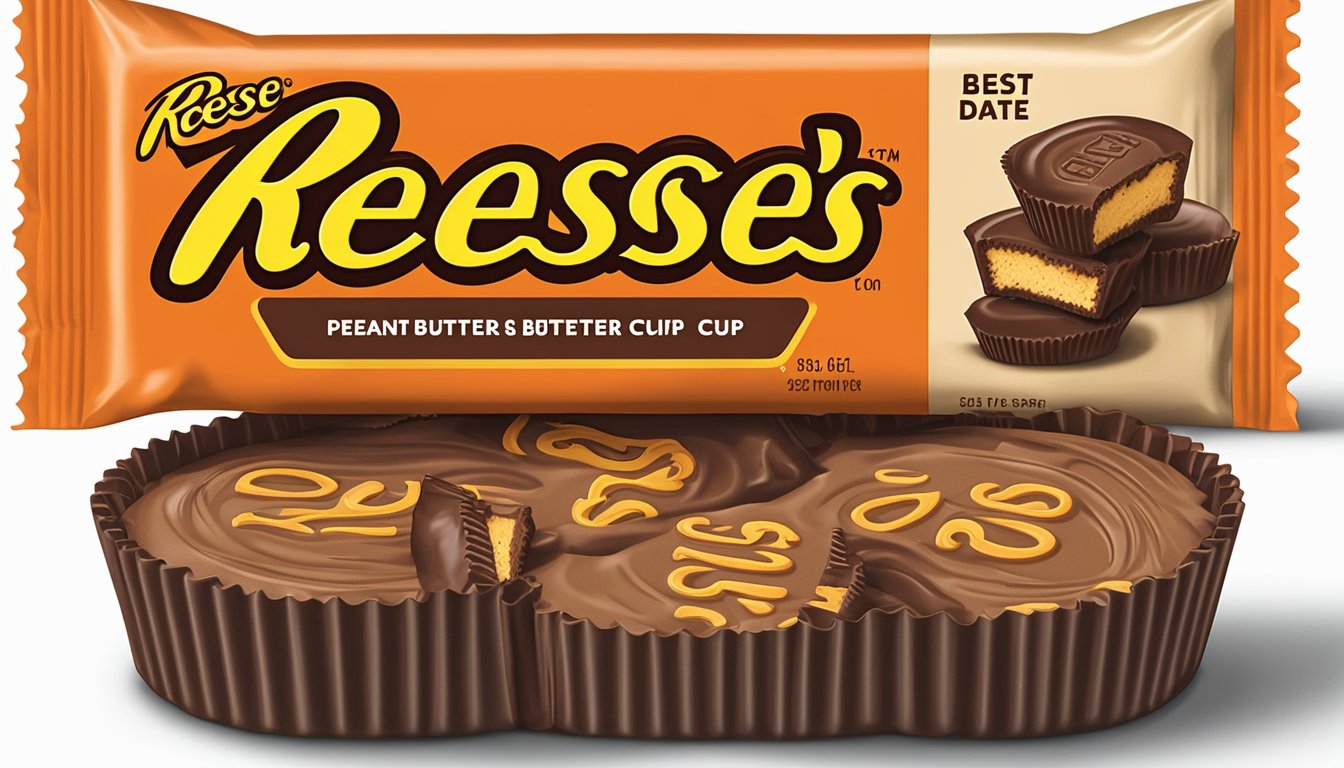 A package of Reese's Peanut Butter Cups sealed in plastic, with a "best by" date clearly visible