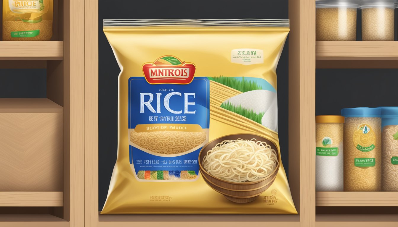 A sealed package of dry rice noodles stored in a cool, dry pantry