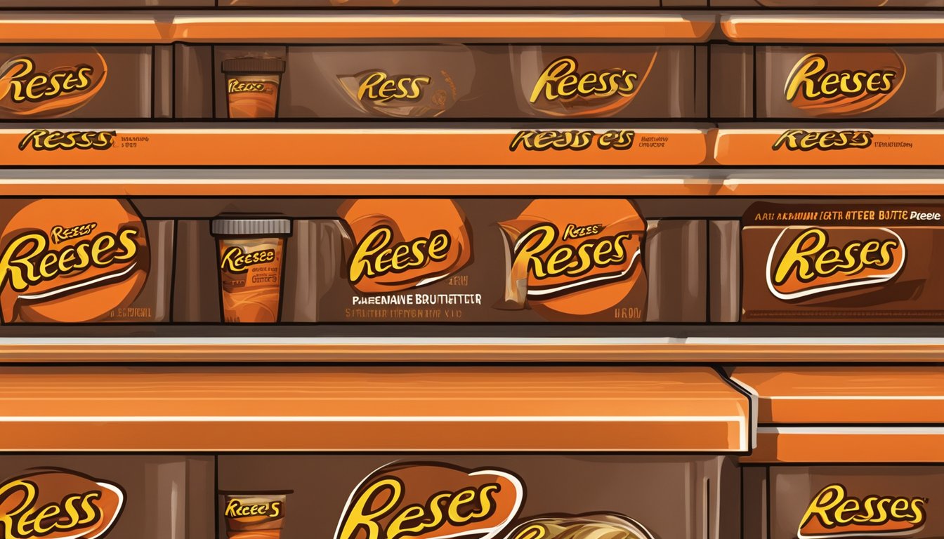 A package of Reese's Peanut Butter Cups sits on a shelf, showing signs of aging with faded packaging and a slightly discolored appearance