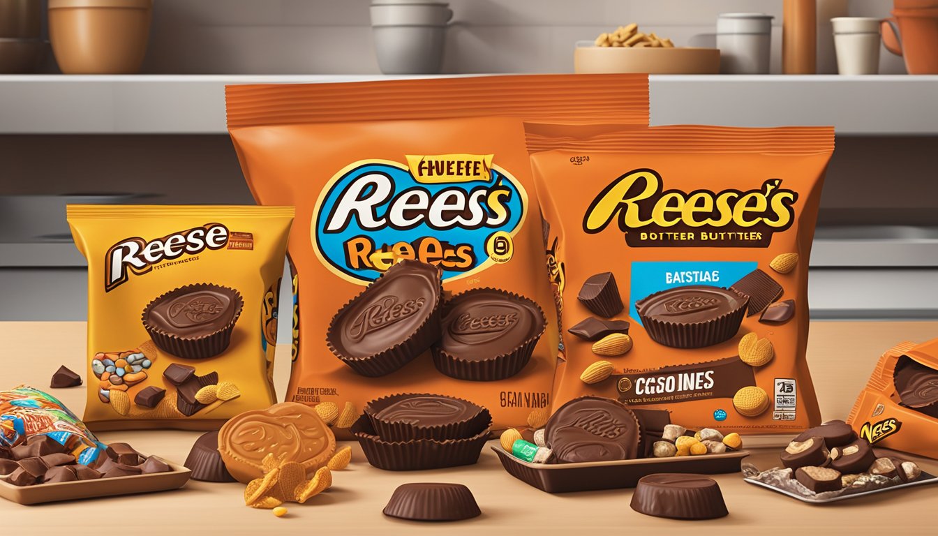 A package of Reese's Peanut Butter Cups sits unopened on a kitchen counter, surrounded by a variety of other snacks and treats