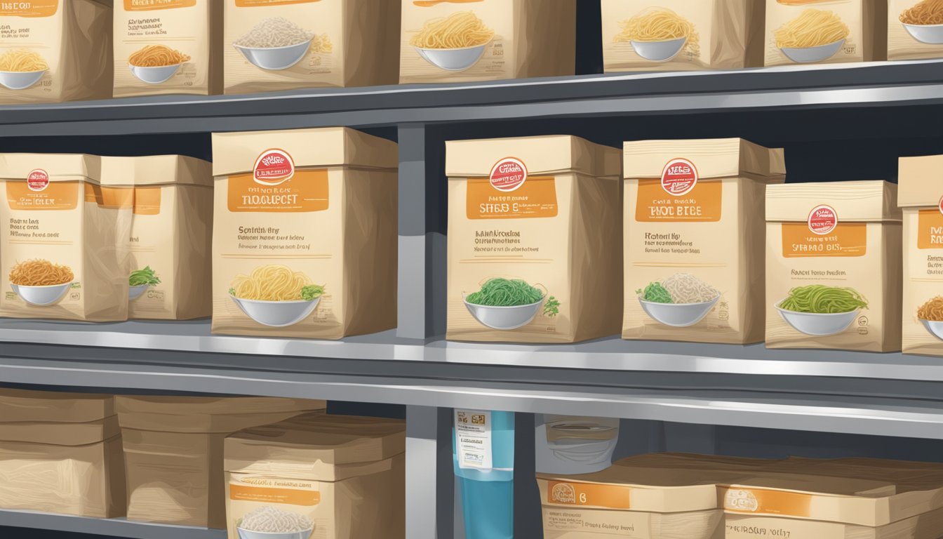 A packet of rice noodles sits unopened on a pantry shelf, with a best-by date clearly visible