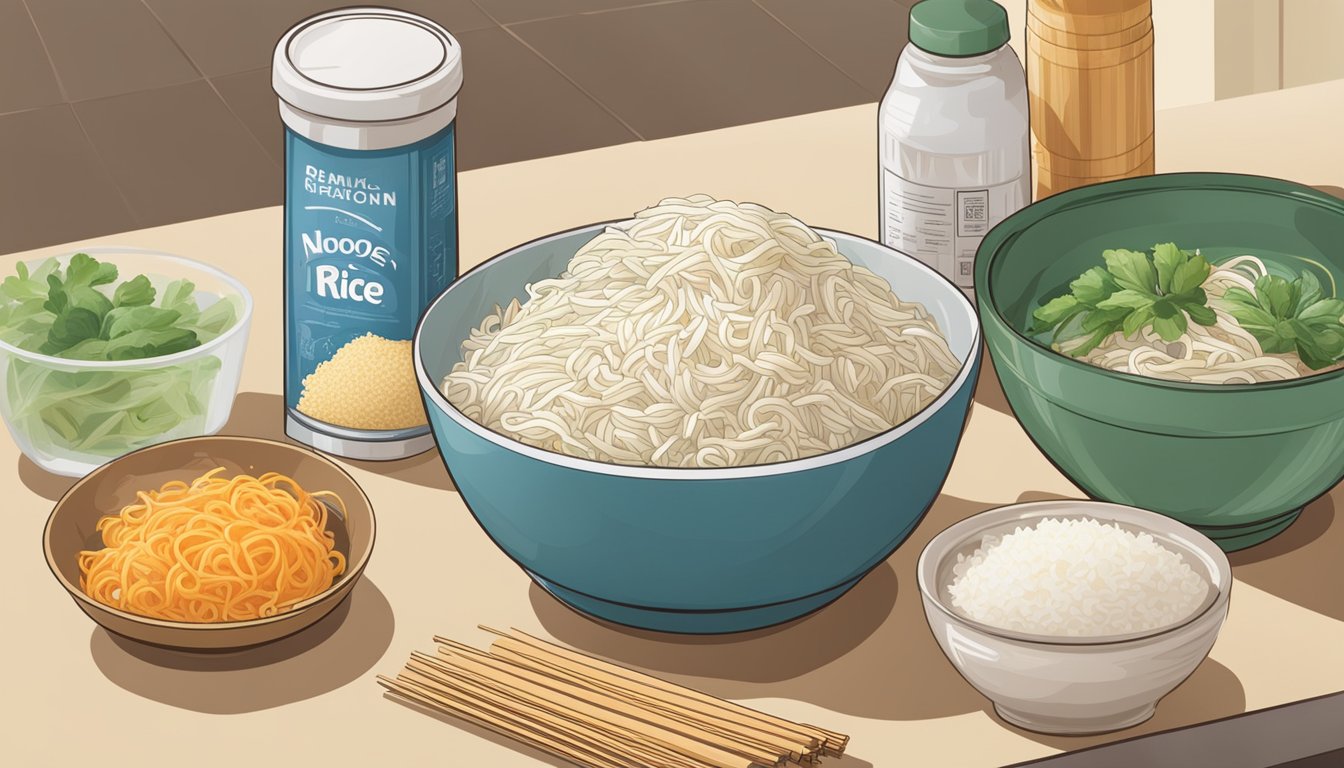 A package of rice noodles sits on a kitchen counter next to various leftover ingredients