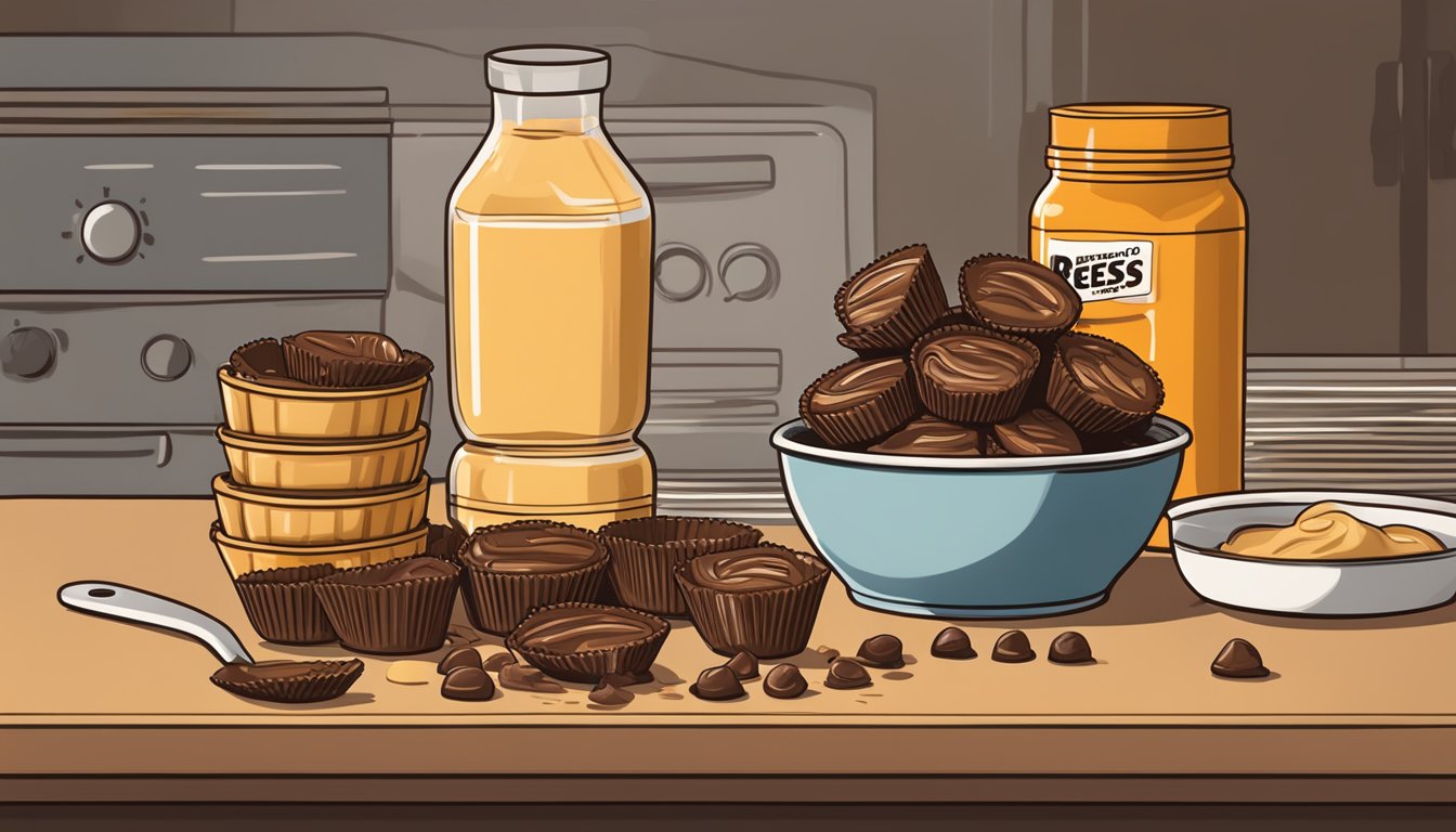 A stack of Reese's Peanut Butter Cups sits next to a mixing bowl filled with batter. A warm oven glows in the background