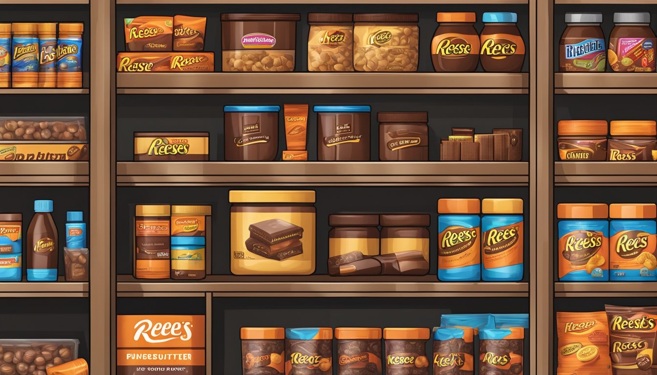 A shelf with various special storage cases, including one filled with Reese's Peanut Butter Cups