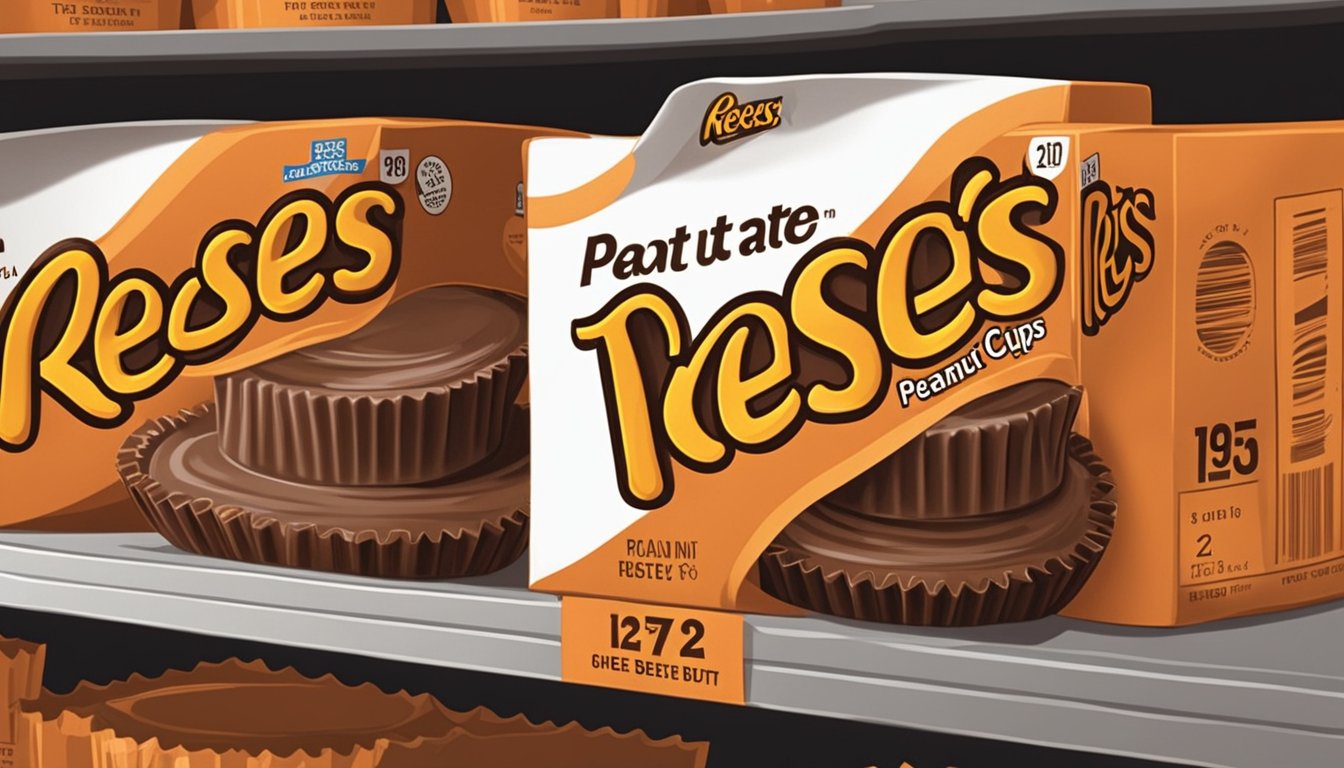 A package of Reese's Peanut Butter Cups sits unopened on a shelf, with a "best by" date clearly visible