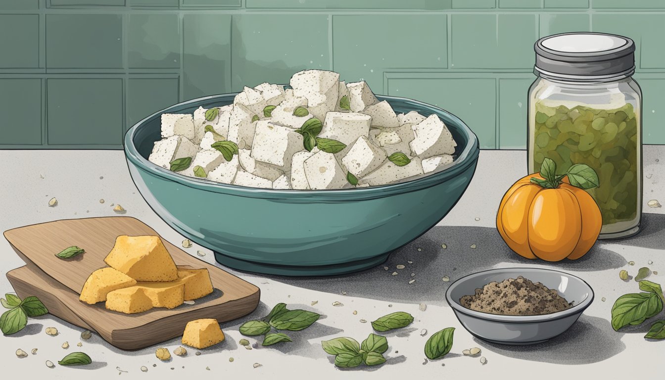 A small bowl of ricotta cheese sits on a kitchen counter, surrounded by a few days' worth of moldy food scraps