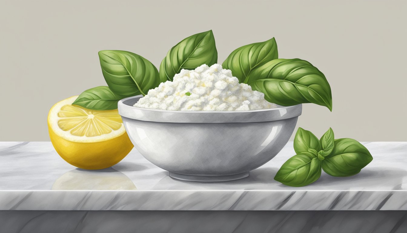 A bowl of ricotta cheese sits on a marble countertop next to a fresh bunch of basil and a lemon. The cheese is covered with plastic wrap to maintain its freshness