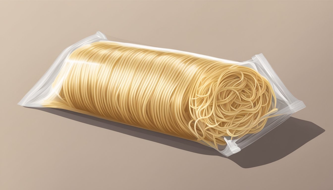 A bundle of dry rice vermicelli noodles in a sealed package, sitting on a pantry shelf