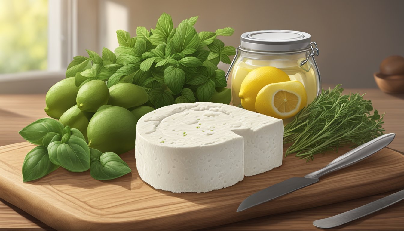 A block of ricotta cheese sits on a wooden cutting board next to a sealed container. The cheese is surrounded by fresh herbs and a lemon, indicating advanced preservation techniques