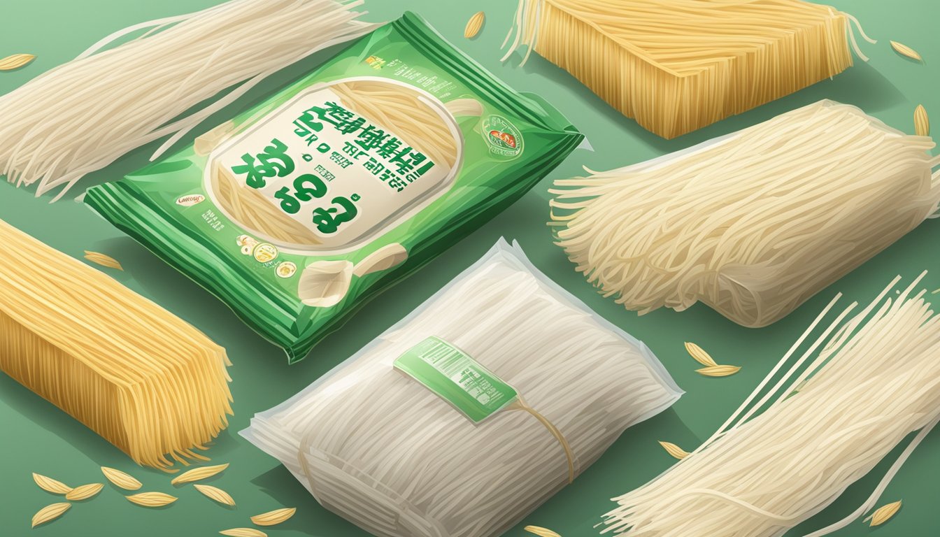 A package of rice vermicelli noodles with expiration date and signs of spoilage