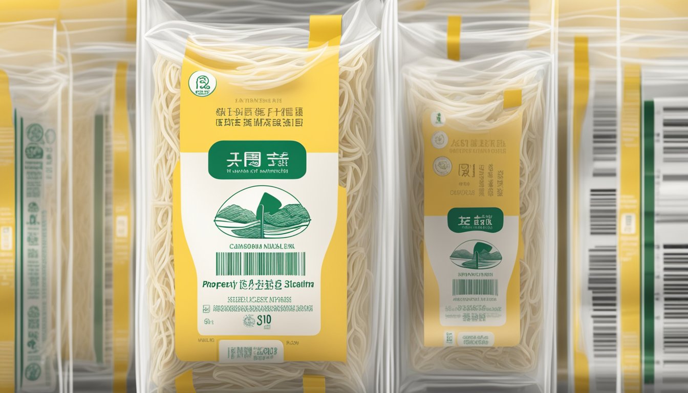 A package of rice vermicelli noodles with a clear expiration date on the label, stored in a dry and cool pantry