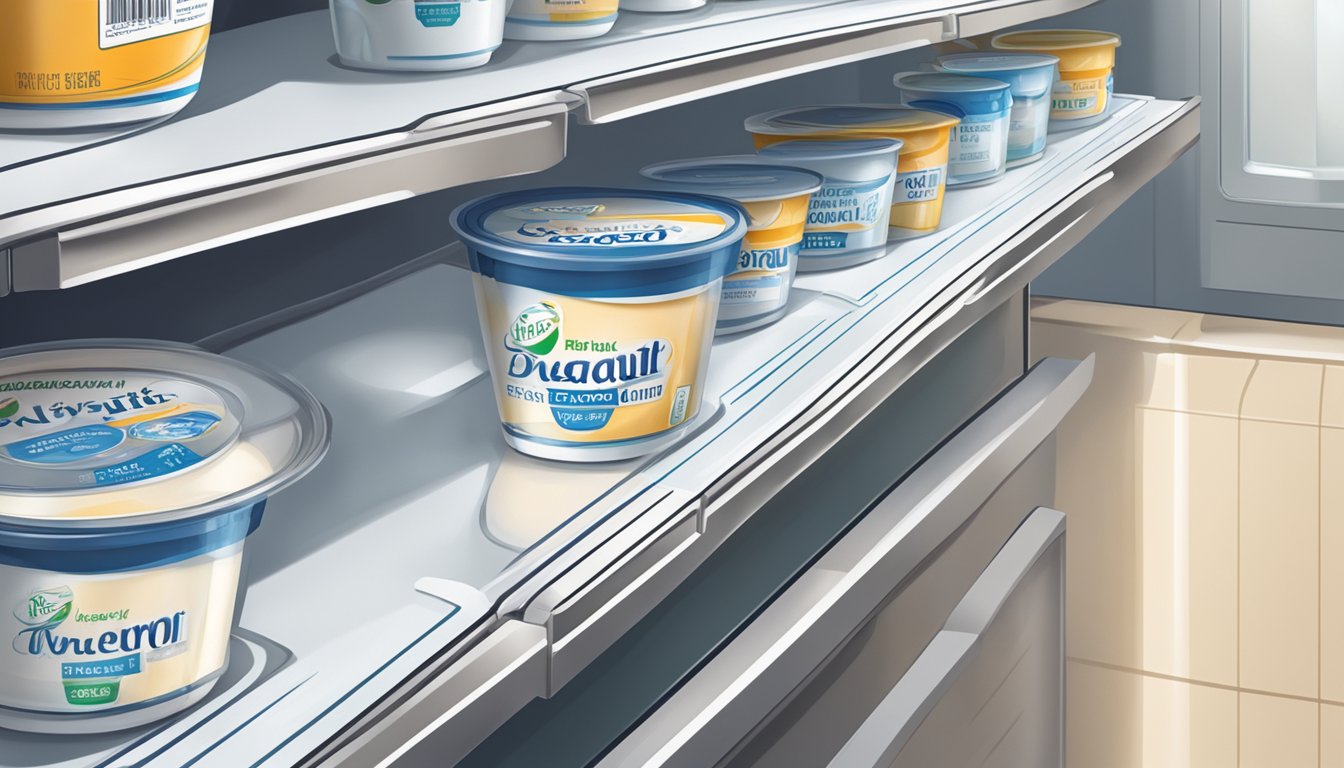 A carton of yogurt sits on a clean, organized refrigerator shelf, with a clear expiration date visible