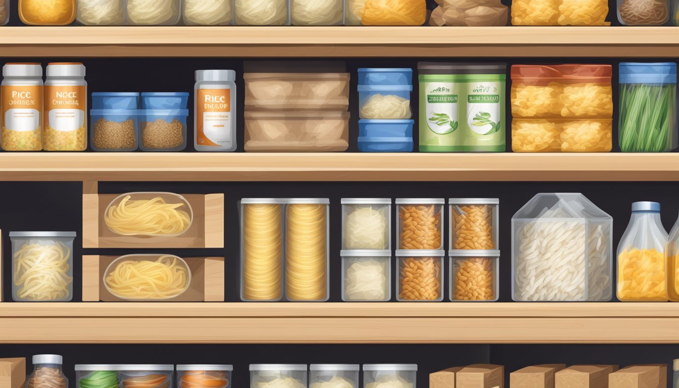 A package of rice vermicelli noodles sits unopened on a pantry shelf, surrounded by other dry goods