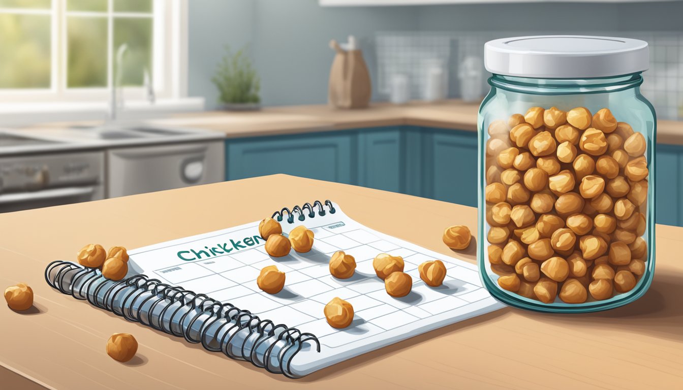 A glass jar filled with roasted chickpeas sits on a kitchen counter, next to a calendar showing the current date