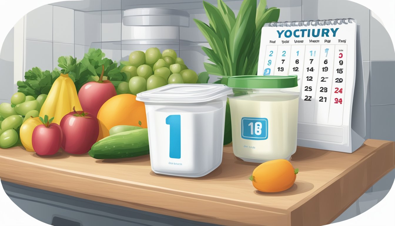 A container of yogurt sits in a refrigerator next to fresh fruit and vegetables, with a calendar on the wall showing the current date