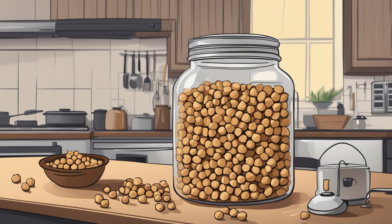 A jar of roasted chickpeas sits on a kitchen counter, surrounded by scattered spices and a timer set for 30 minutes