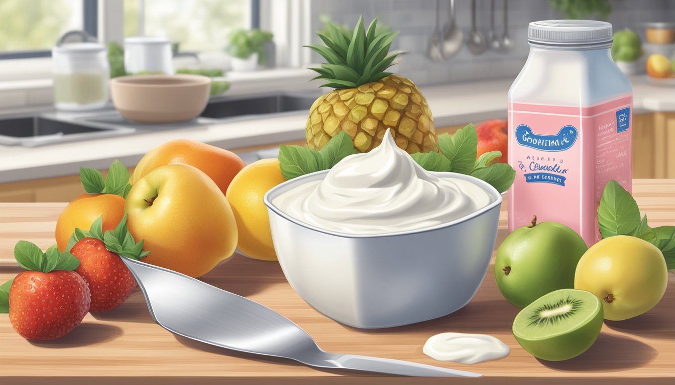 A carton of yogurt sits on a kitchen counter, surrounded by fresh fruits and a cookbook open to a recipe page