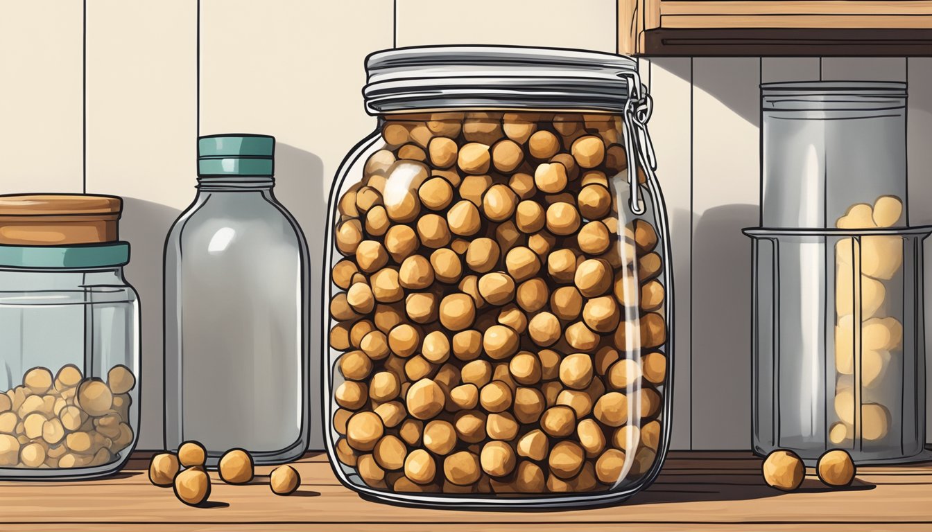 A jar of roasted chickpeas sits on a kitchen shelf. Some chickpeas are beginning to show signs of mold and decay