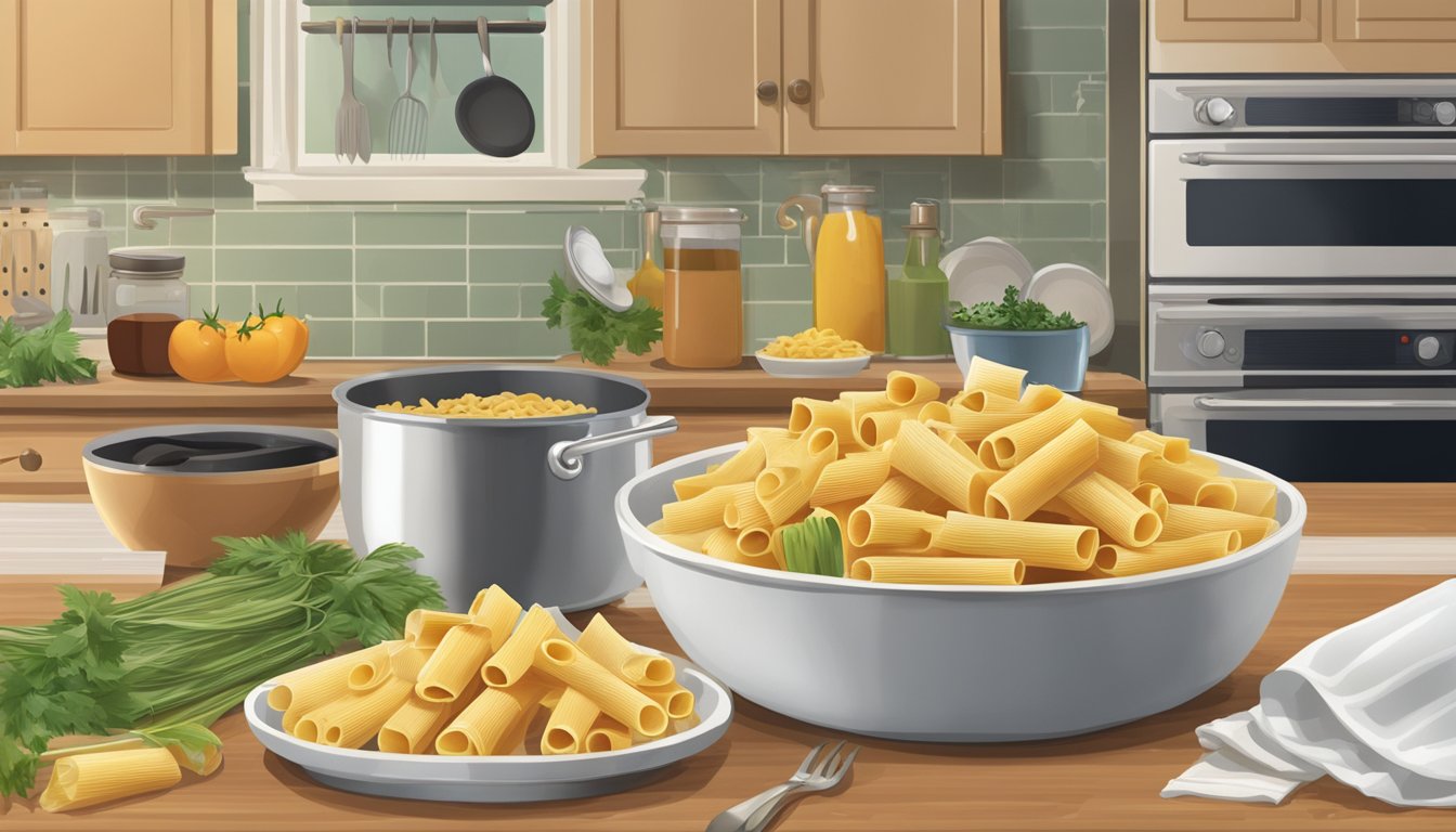 A package of rigatoni pasta sits on a kitchen counter, surrounded by various ingredients and utensils. A calendar on the wall shows the current date