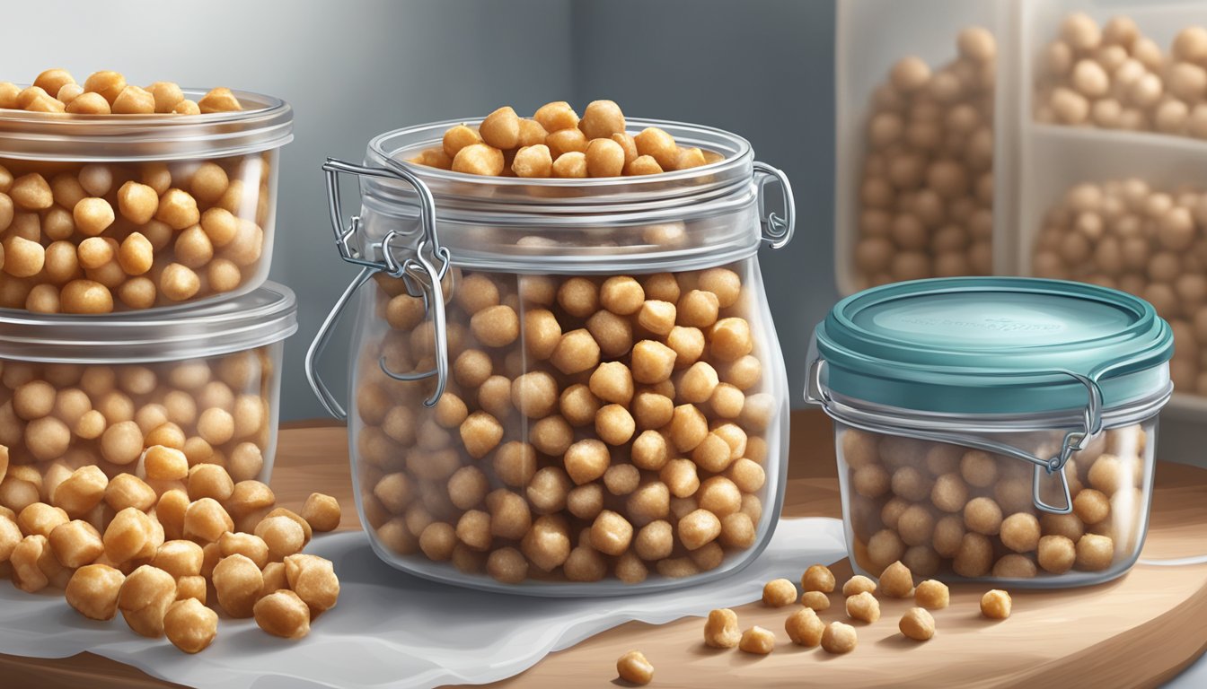 A jar of roasted chickpeas sits in a freezer next to other frozen items, with a frosty layer covering the surface