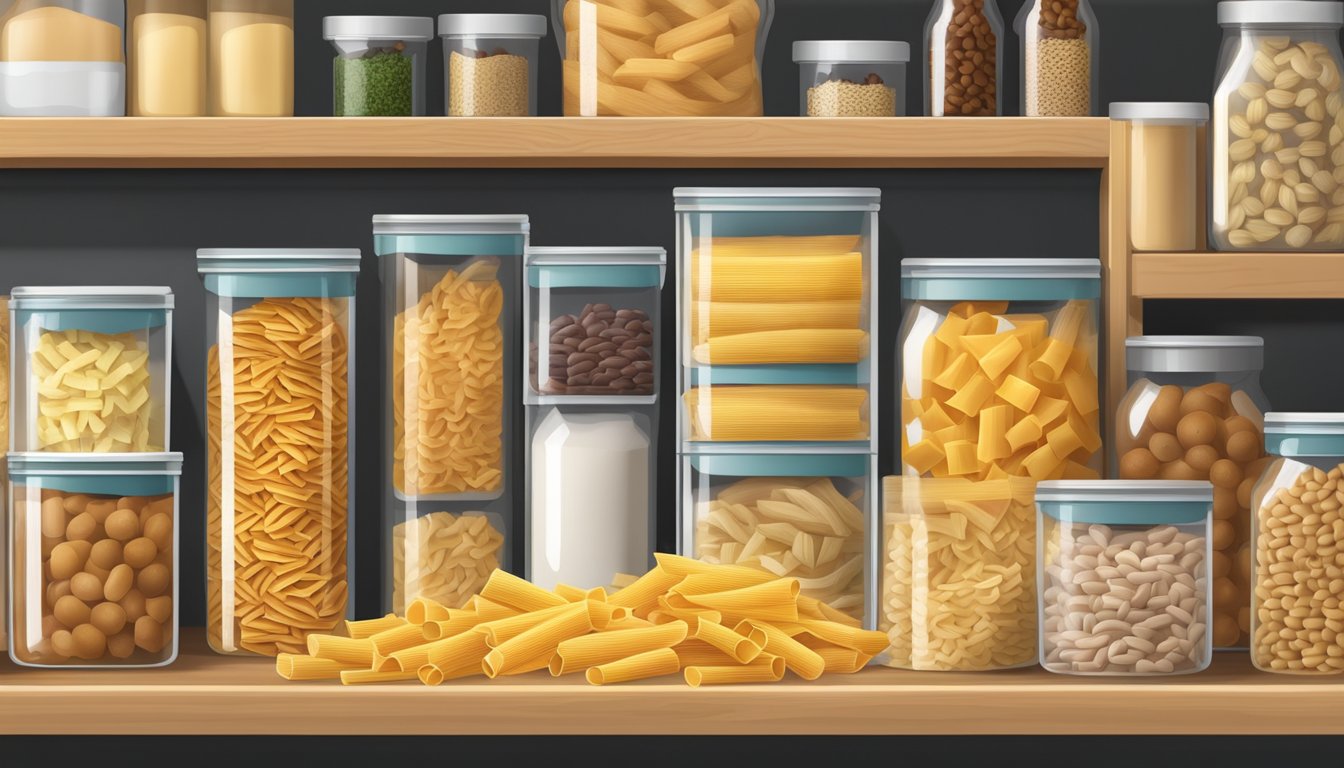 A pantry shelf with a sealed package of rigatoni pasta, surrounded by other dry goods and storage containers