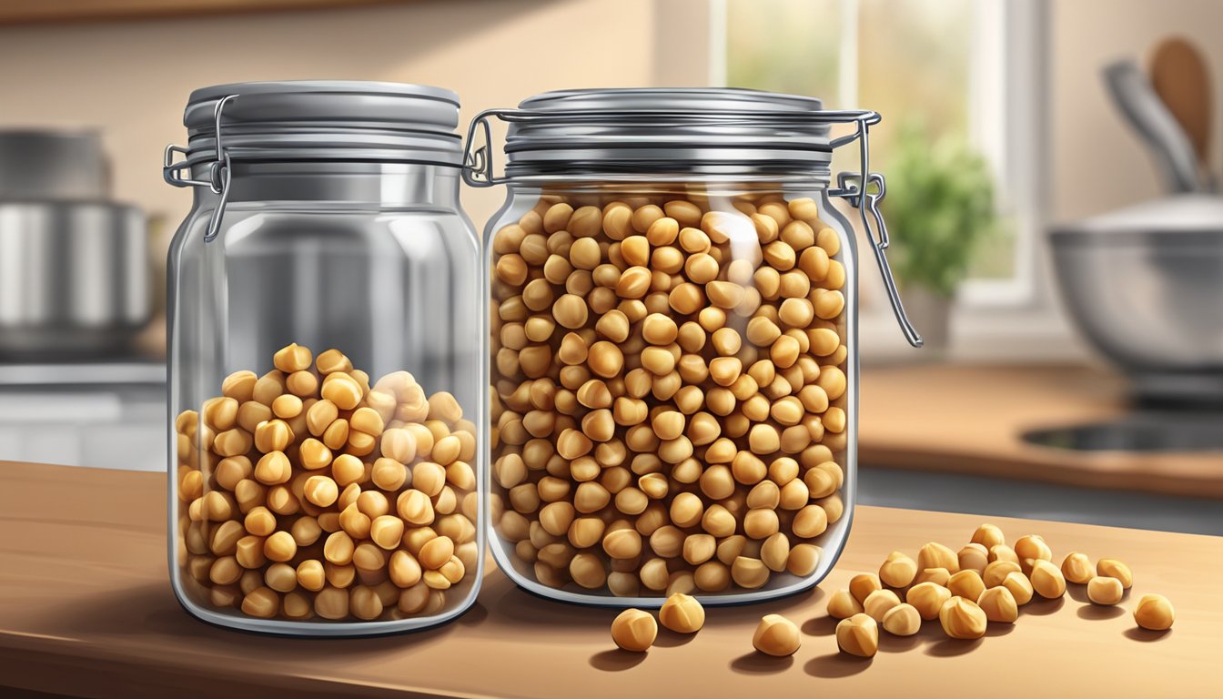 A glass jar filled with freshly roasted chickpeas, sealed with a metal lid, sits on a wooden kitchen counter