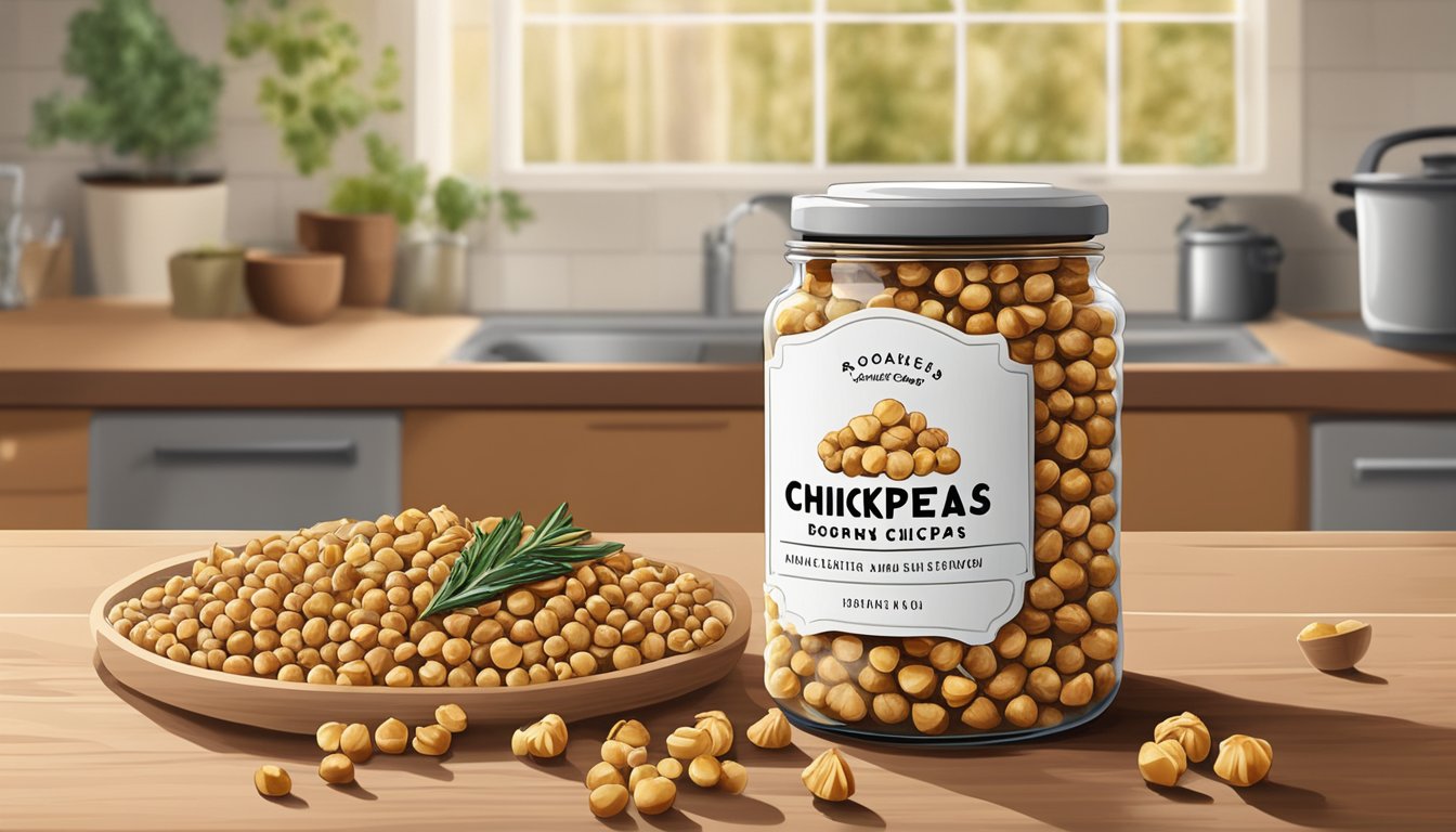 A jar of roasted chickpeas sits on a kitchen counter, surrounded by various spices and herbs. The chickpeas are golden brown and crispy, with a hint of seasoning sprinkled on top