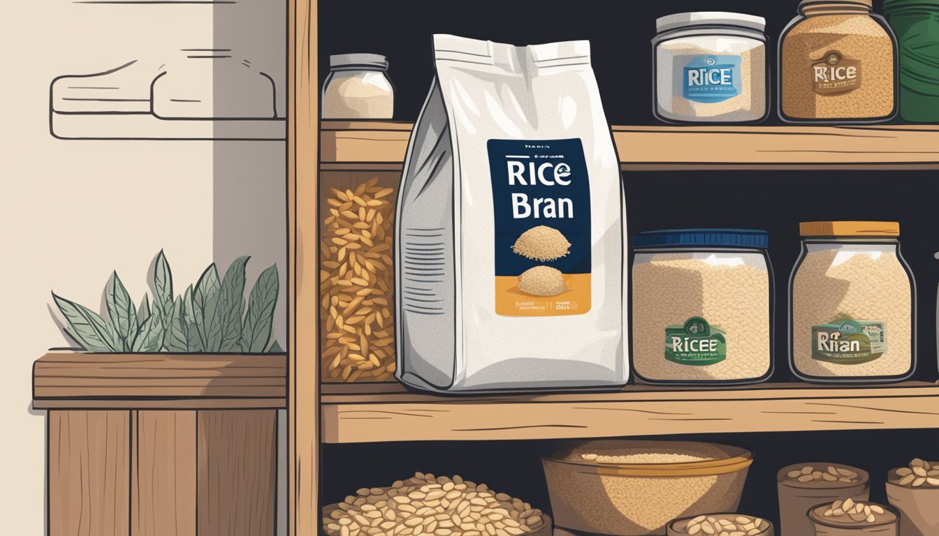 A sealed bag of rice bran sits on a pantry shelf, surrounded by other dry goods. The expiration date is clearly printed on the packaging